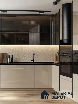 Modern Kitchen Design Featuring High-Gloss Cabinets and Textured Backsplash | Material Depot