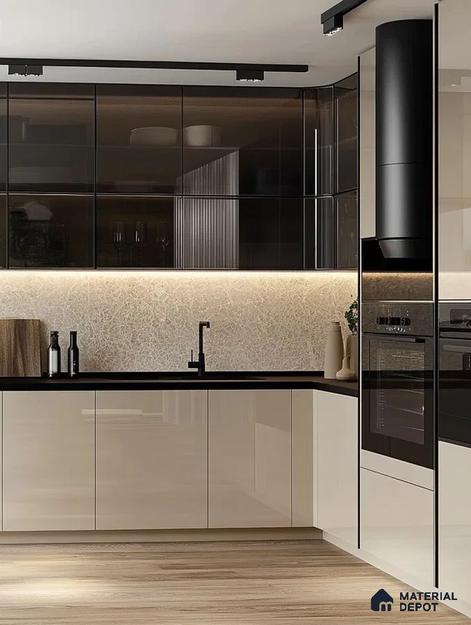 Modern Kitchen Design Featuring High-Gloss Cabinets and Textured Backsplash | Material Depot
