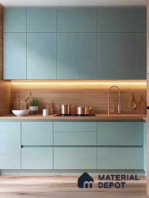 Modern Kitchen Design Highlighting Pastel Aqua Cabinetry and Natural Wood Elements | Material Depot