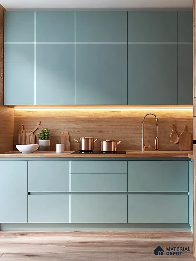 Modern Kitchen Design Highlighting Pastel Aqua Cabinetry and Natural Wood Elements | Material Depot
