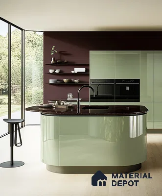 Modern Kitchen Design with Green Curved Island and Maroon Walls | Material Depot