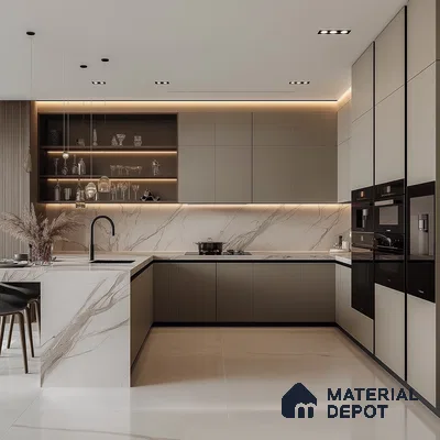 Modern Kitchen Design with Sleek Wood Accents and Contemporary Hanging Lighting | Material Depot