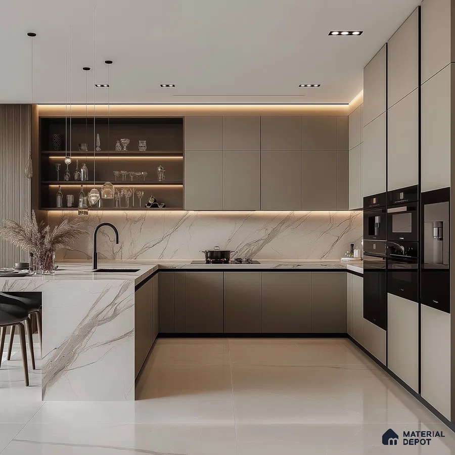 Modern Kitchen Design with Sleek Wood Accents and Contemporary Hanging Lighting | Material Depot