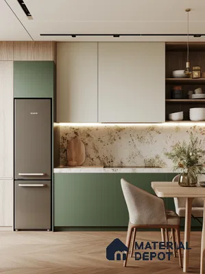 Modern Kitchen with Green Cabinets and Marble Effect Backsplash | Material Depot