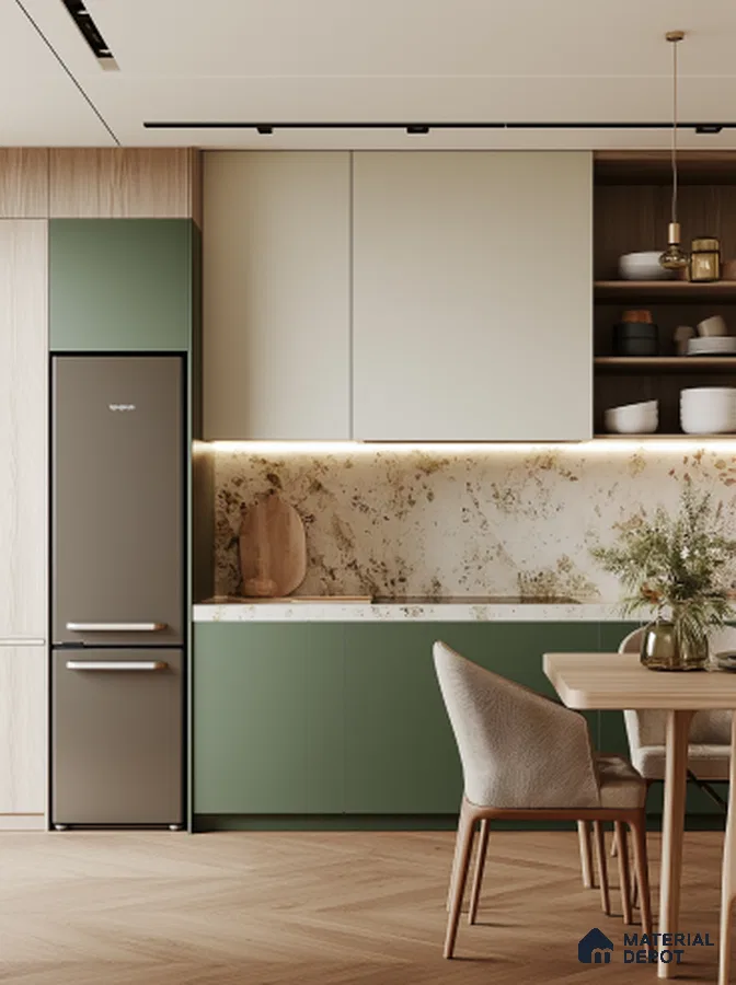 Modern Kitchen with Green Cabinets and Marble Effect Backsplash | Material Depot
