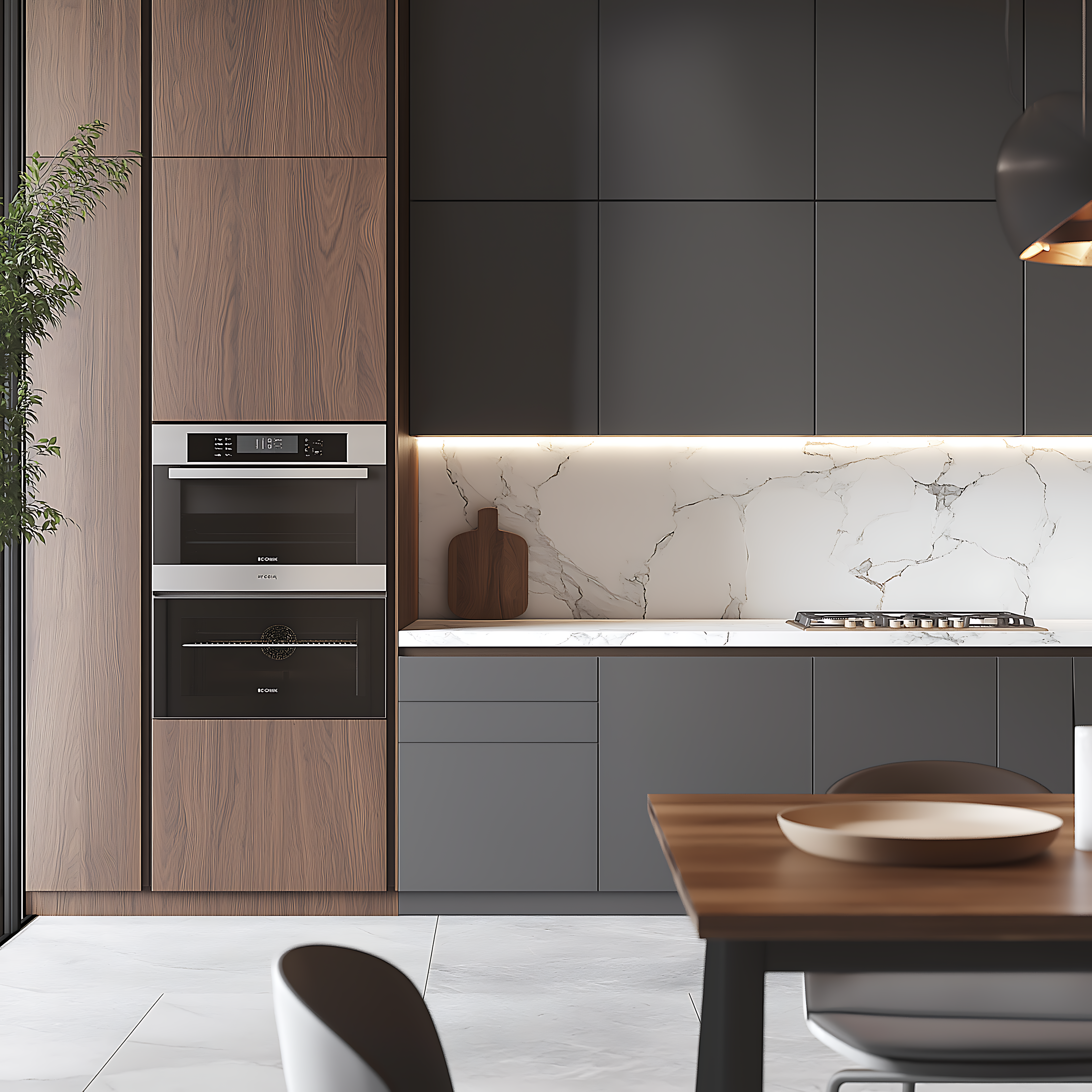 Modern Kitchen with Grey Cabinets, Marble Backsplash, and Wooden Accents | Material Depot
