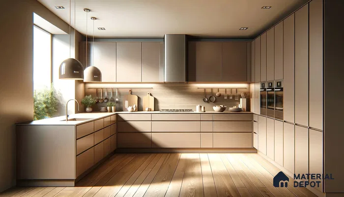 Modern Kitchen haven with Cocktail of Sunlit Glow and Earthy Woods | Material Depot