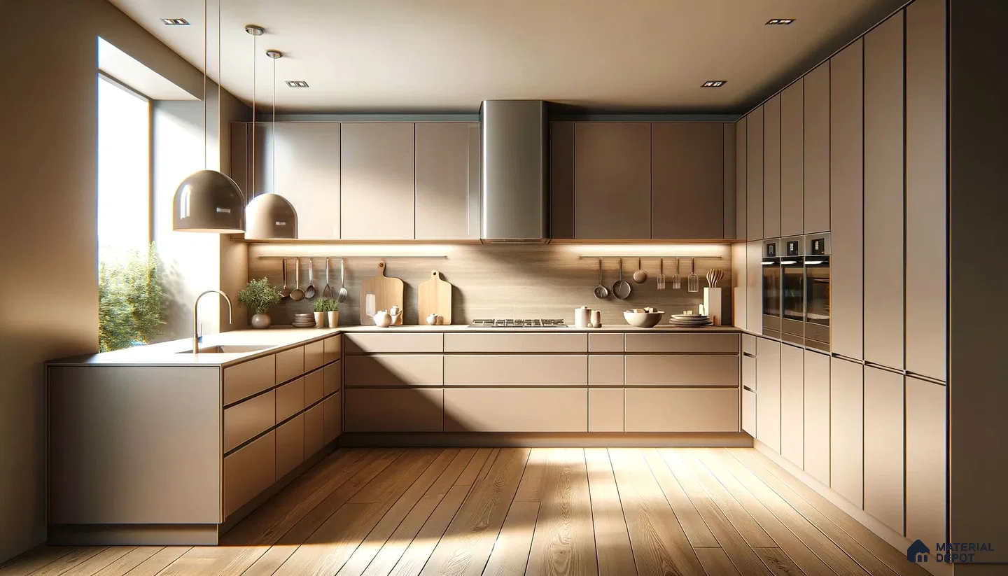 Modern Kitchen haven with Cocktail of Sunlit Glow and Earthy Woods | Material Depot