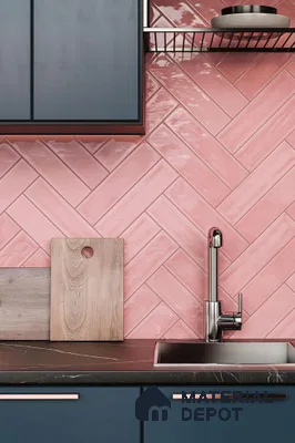 Modern Kitchen with Pink Herringbone Tiles and Navy Blue Cabinets | Material Depot