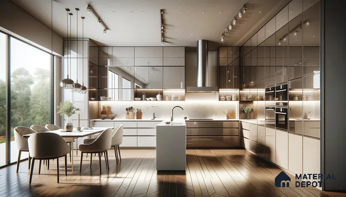 Modern Kitchen Splendor with Reflective Surfaces and Natural Light | Material Depot