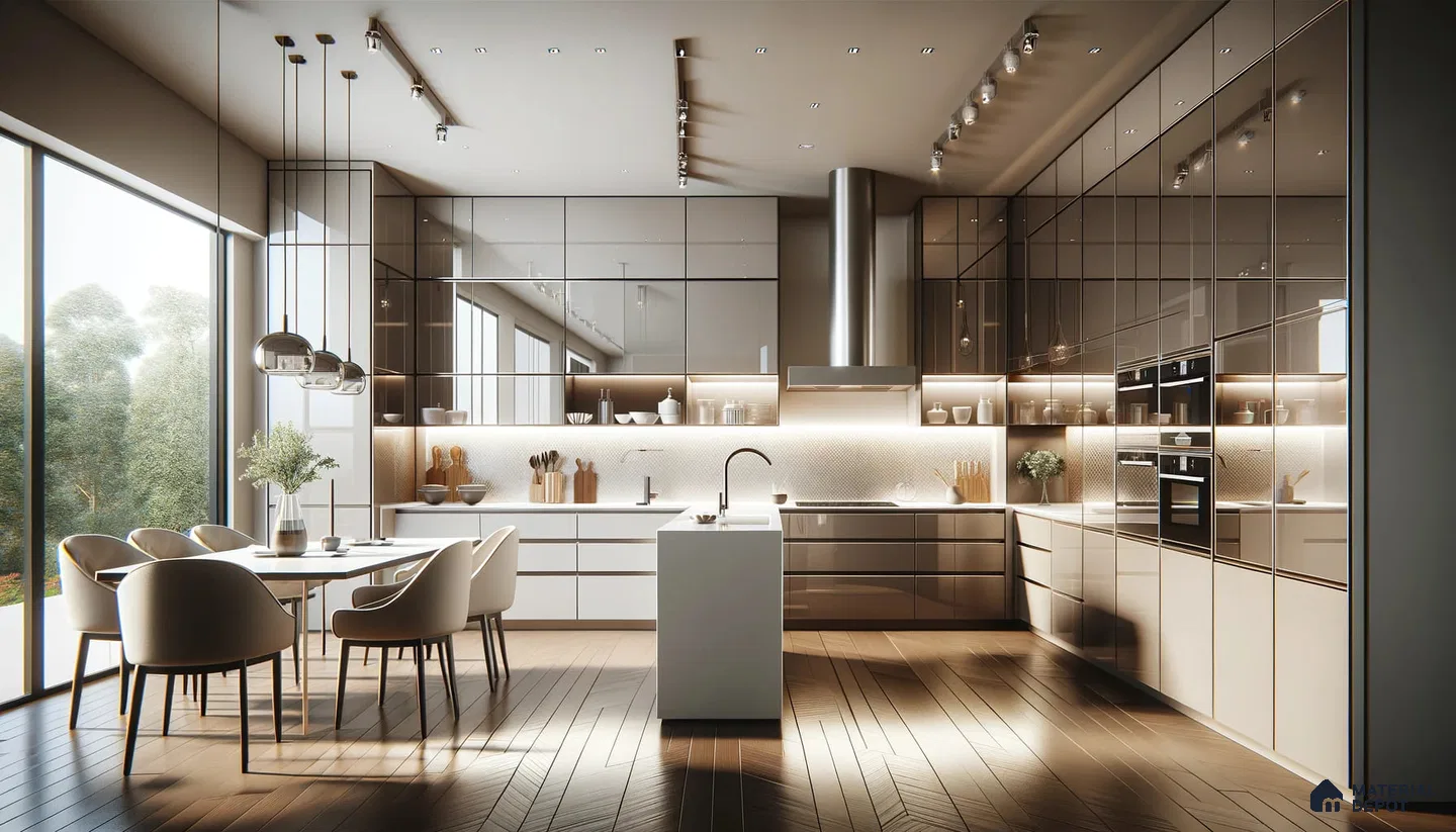 Modern Kitchen Splendor with Reflective Surfaces and Natural Light | Material Depot
