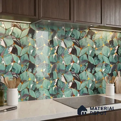 Modern kitchen with abstract green geometric backsplash tile and walnut laminate cabinets