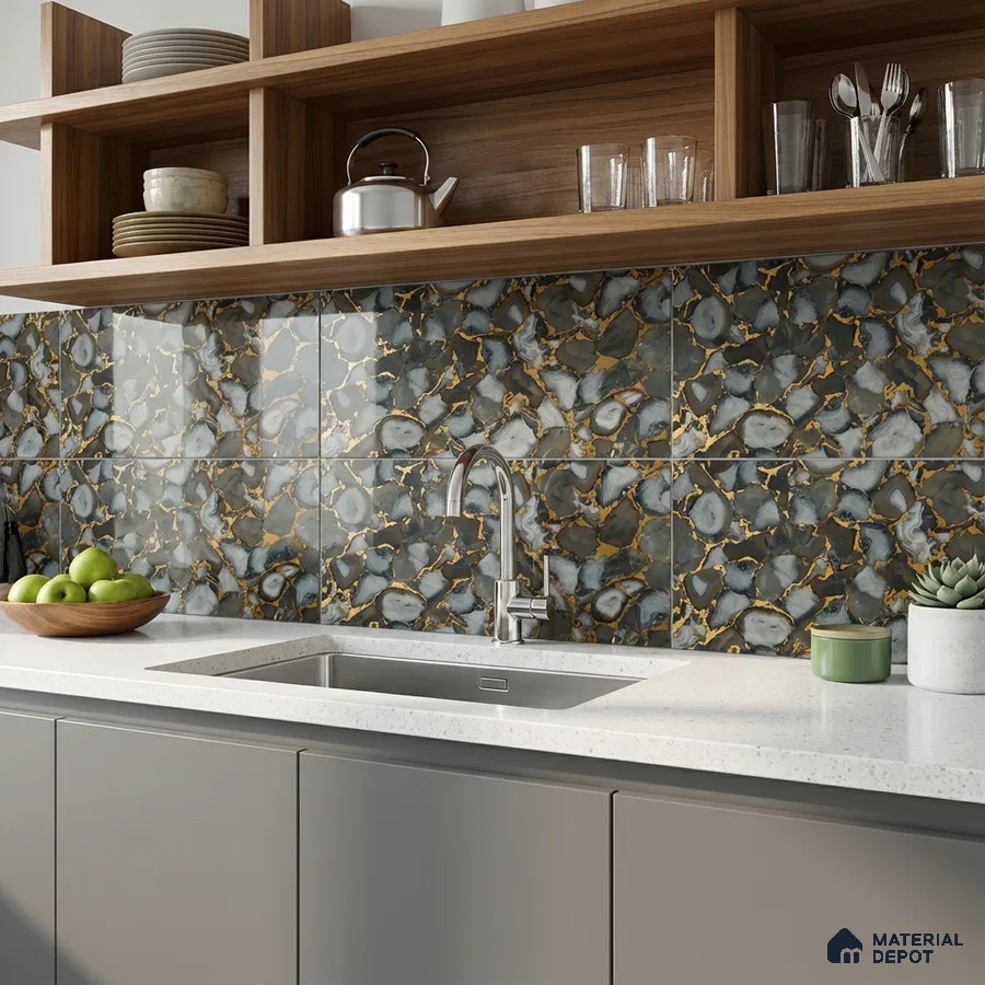 Modern kitchen with agate-look patterned backsplash tile, white quartz countertop, and taupe laminate cabinets