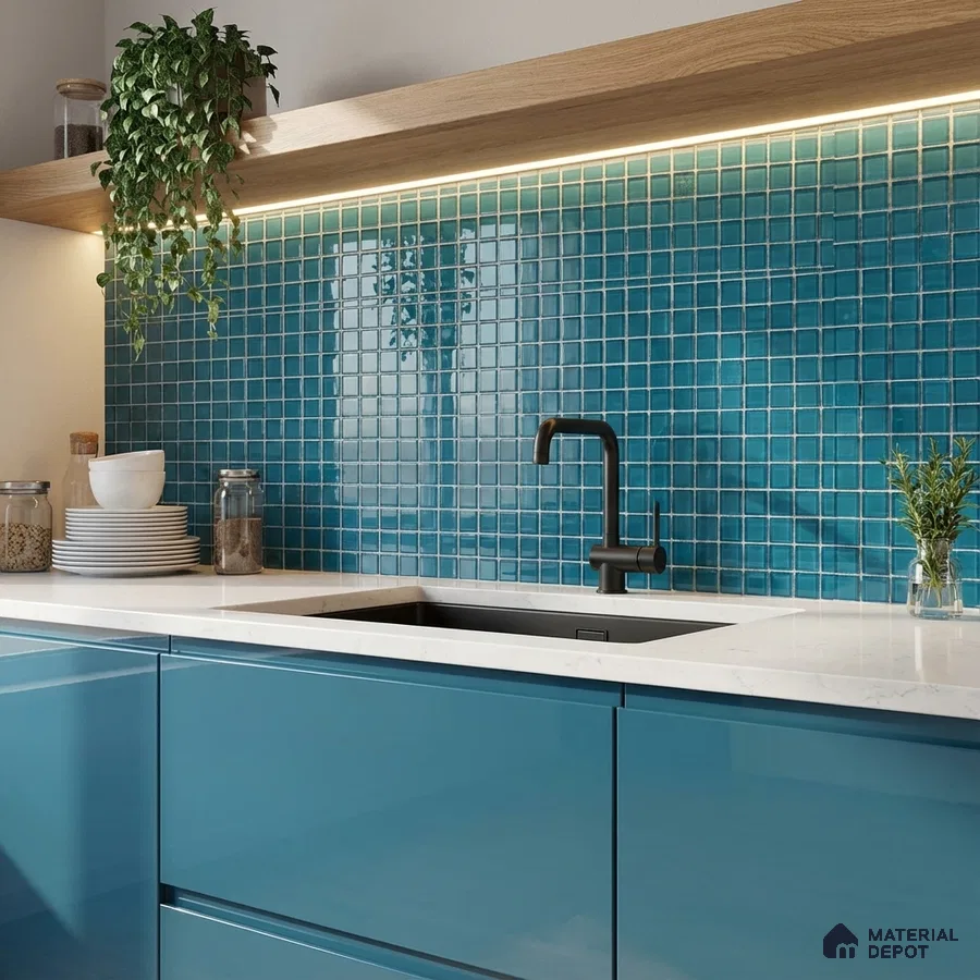 Modern kitchen with aqua blue glossy laminate cabinets, white quartz countertop, and turquoise mosaic backsplash tiles