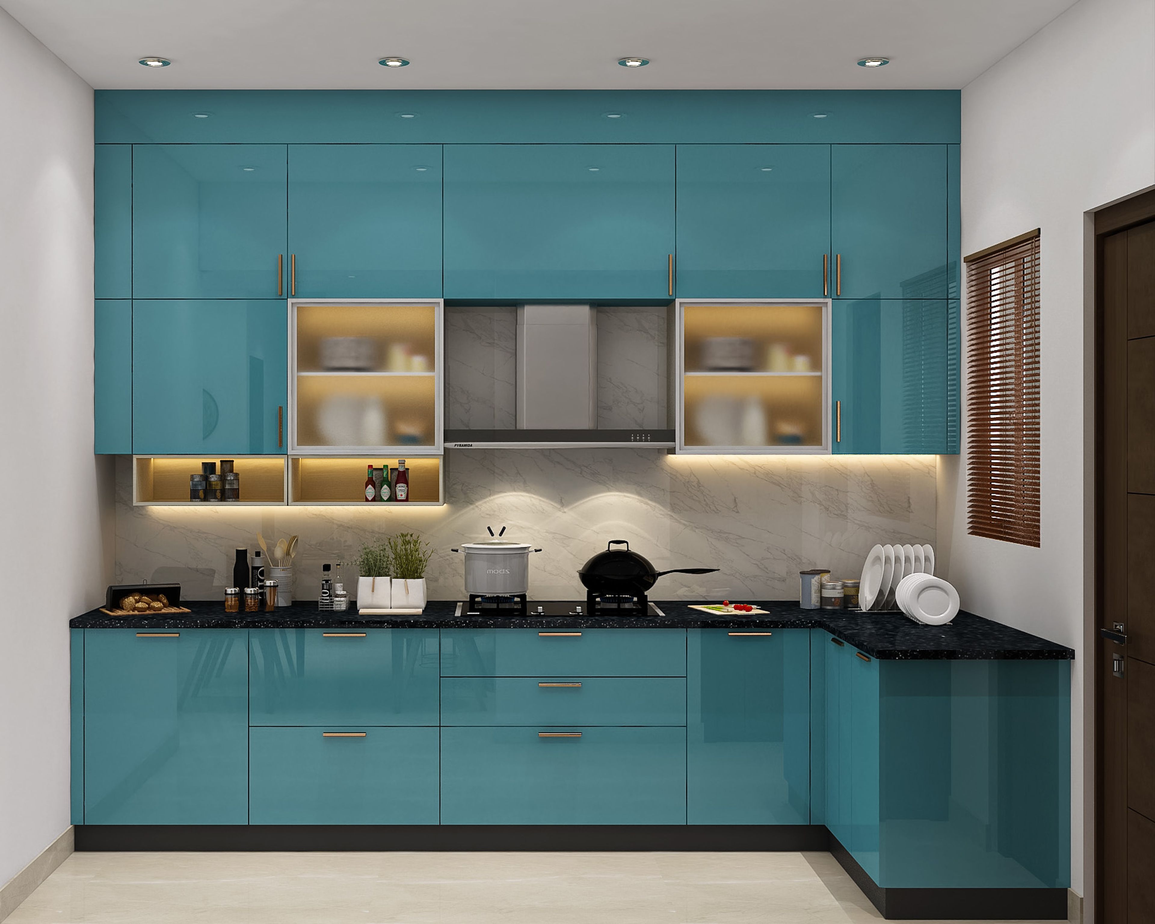 Modern kitchen with aqua blue high gloss laminate, black granite countertop, and marble-look backsplash in Bengaluru | Material Depot