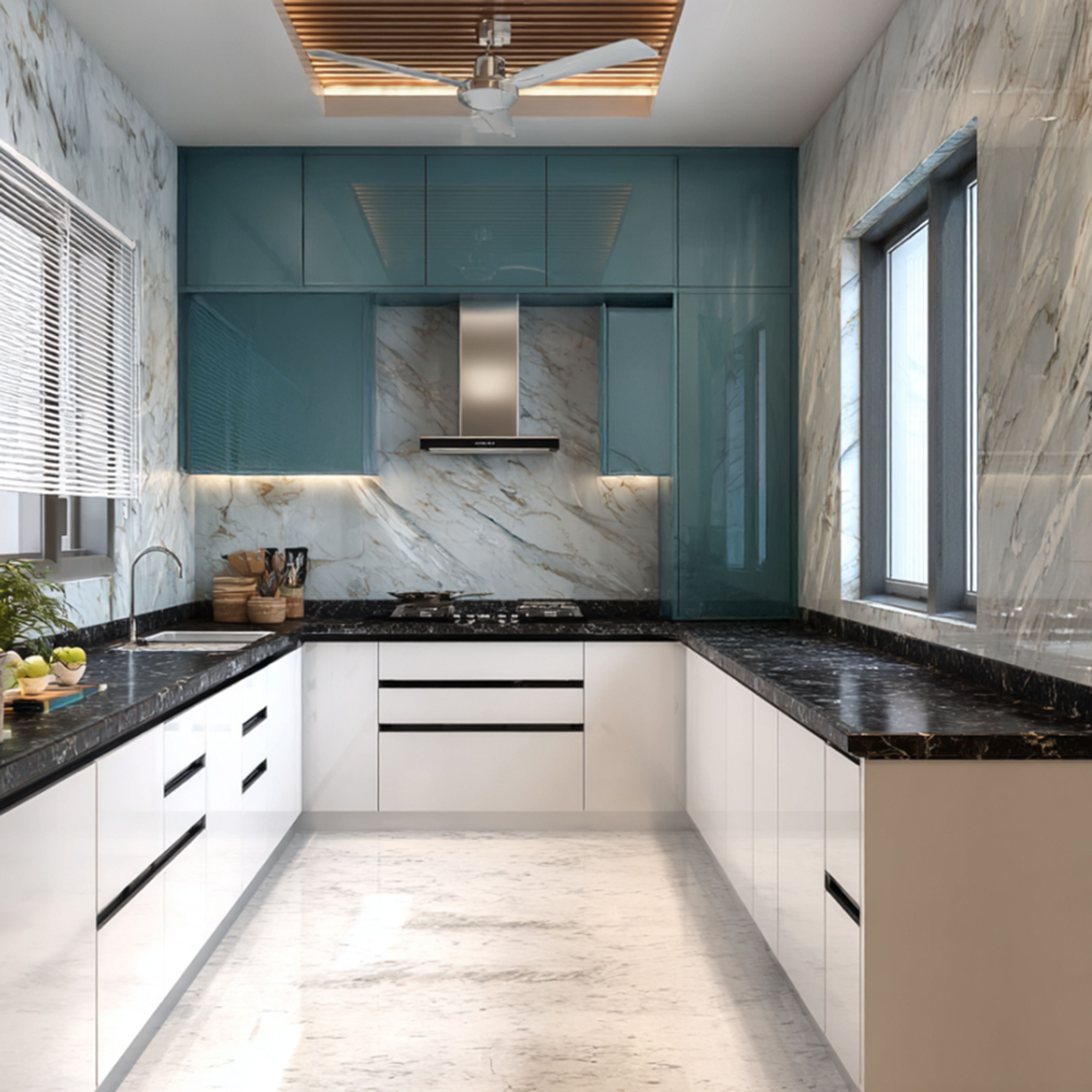 Modern kitchen with aqua blue high gloss laminate, white marble-look wall tiles, and black marble countertop in Bengaluru | Material Depot