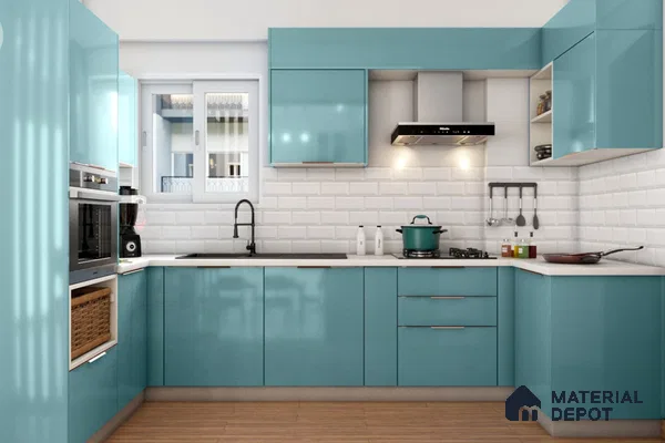 Modern kitchen with aqua blue high gloss laminate, white subway tile backsplash, and white quartz countertop in Bengaluru | Material Depot