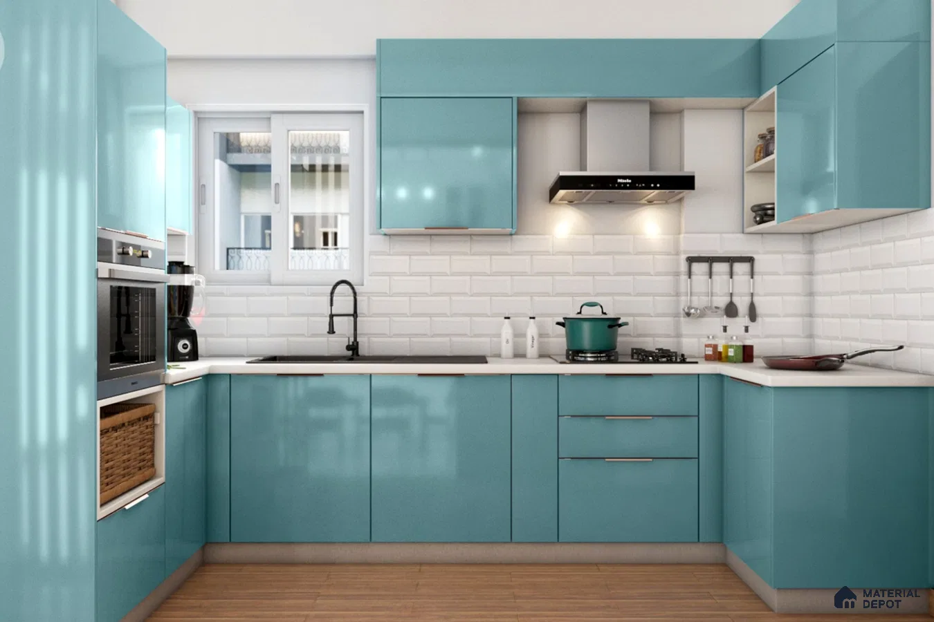 Modern kitchen with aqua blue high gloss laminate, white subway tile backsplash, and white quartz countertop in Bengaluru | Material Depot