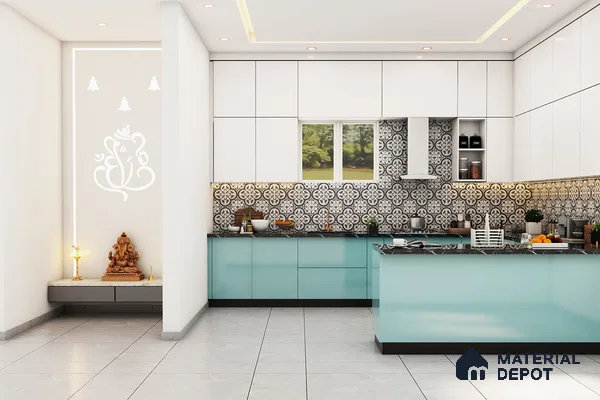 Modern kitchen with aqua blue laminate, white laminate, and black-and-white patterned backsplash tiles in Bengaluru | Material Depot