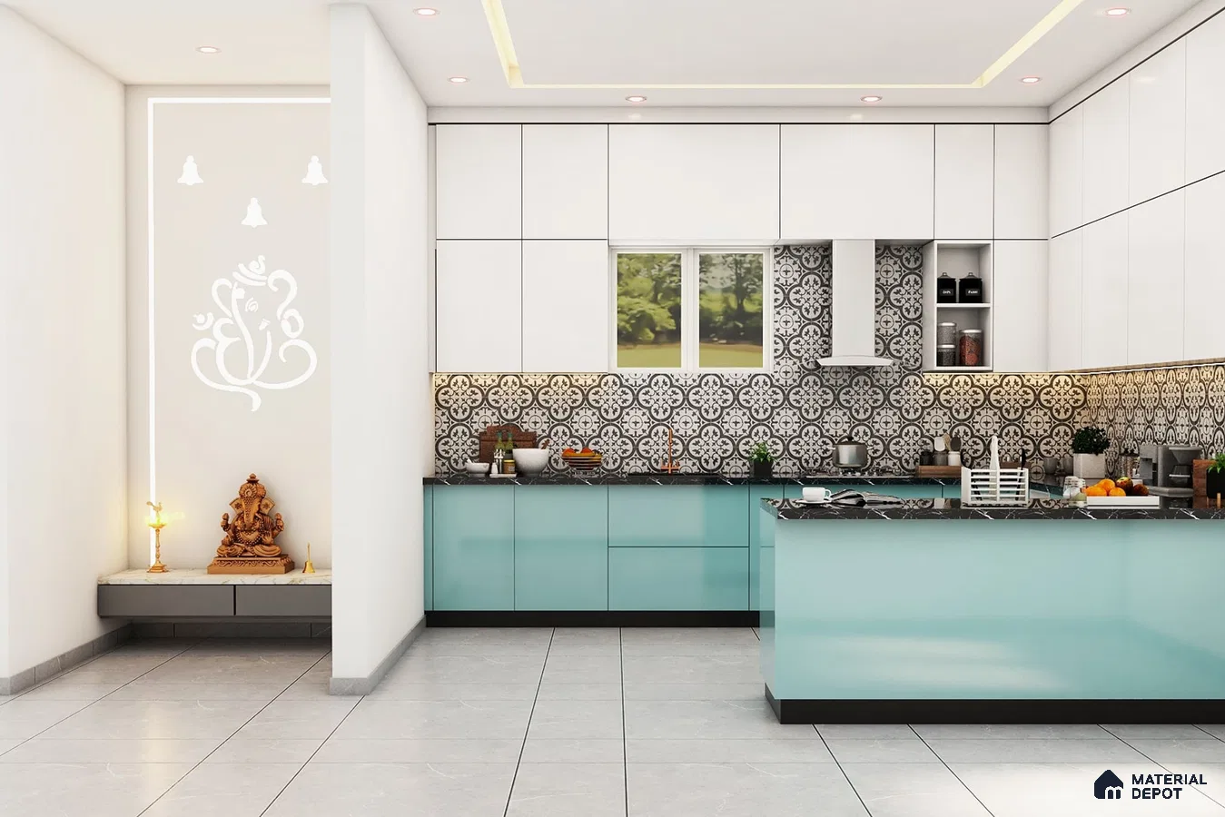 Modern kitchen with aqua blue laminate, white laminate, and black-and-white patterned backsplash tiles in Bengaluru | Material Depot