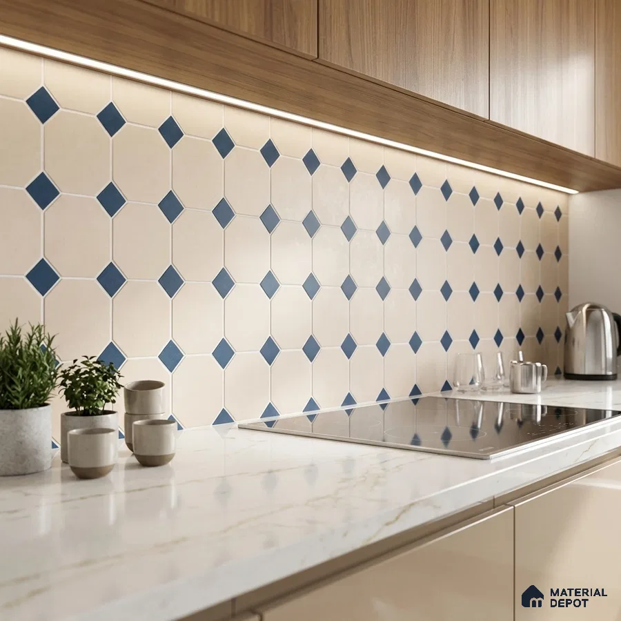Modern kitchen with beige and blue geometric backsplash tile, white marble countertop, and walnut wood laminate cabinets