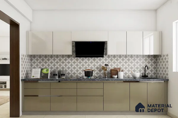 Modern kitchen with beige and frosty white laminate, geometric patterned backsplash tile, and granite countertop in Bengaluru | Material Depot