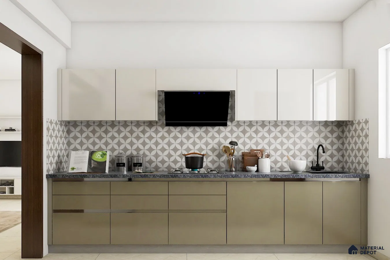 Modern kitchen with beige and frosty white laminate, geometric patterned backsplash tile, and granite countertop in Bengaluru | Material Depot