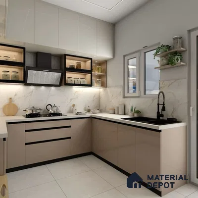 Modern kitchen with beige and frosty white laminate, marble-look backsplash, and white quartz countertop in Bengaluru | Material Depot