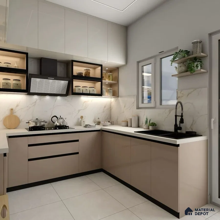 Modern kitchen with beige and frosty white laminate, marble-look backsplash, and white quartz countertop in Bengaluru | Material Depot