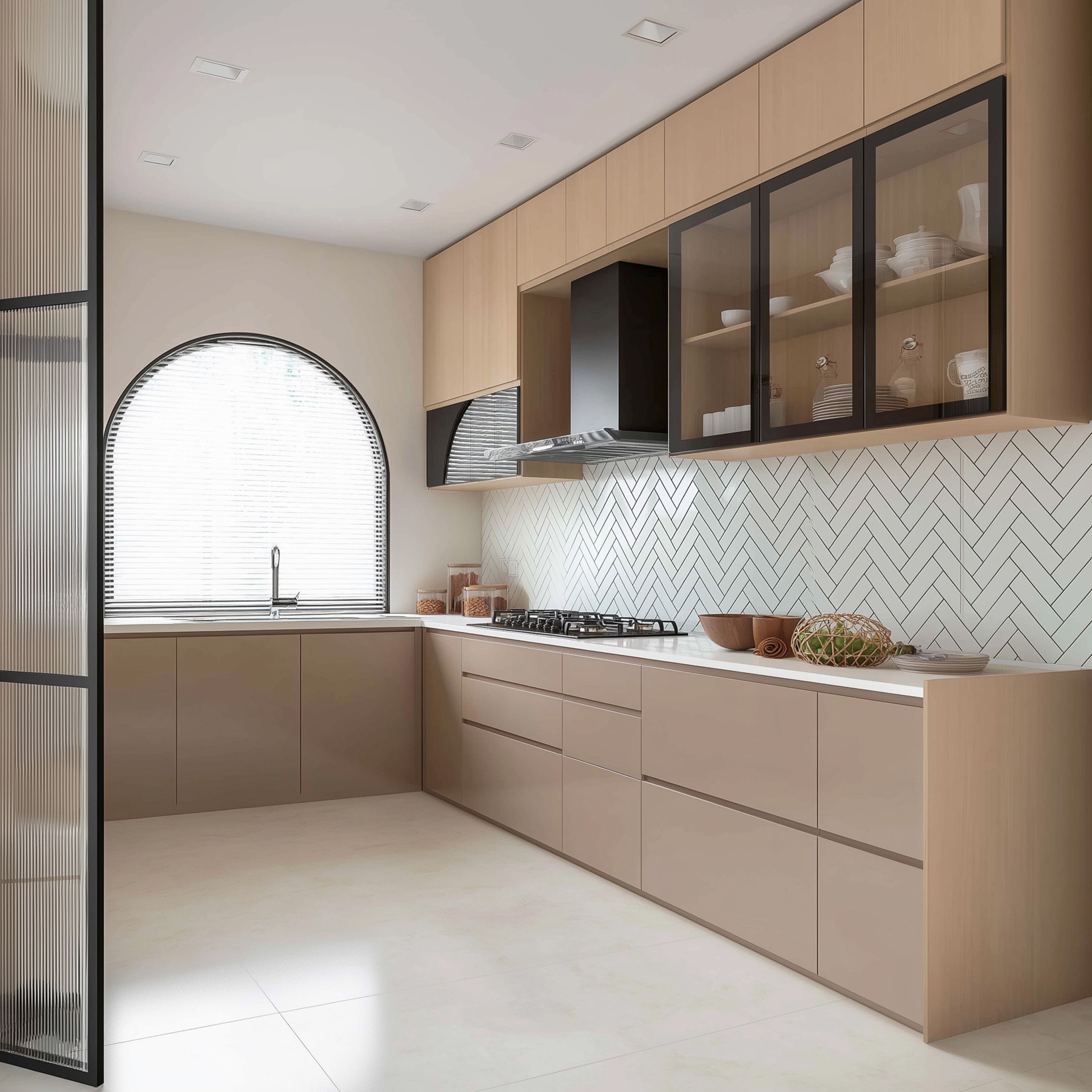 Modern kitchen with beige and light wood laminate, white quartz countertop, and herringbone subway tile backsplash in Bengaluru | Material Depot