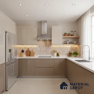 Modern kitchen with beige and taupe laminate, white quartz countertop, and geometric beige backsplash tile in Bengaluru