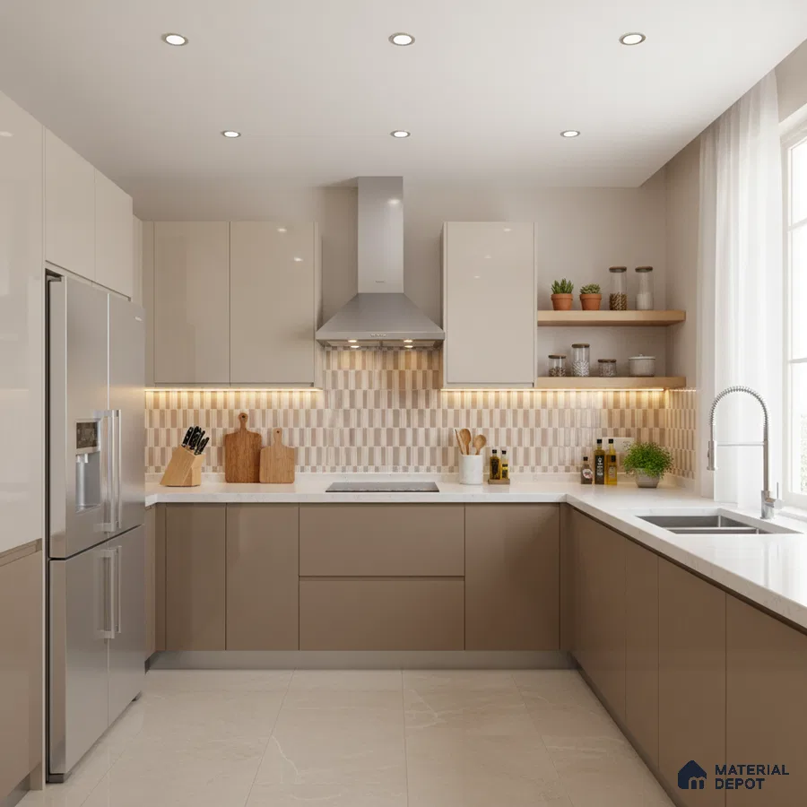 Modern kitchen with beige and taupe laminate, white quartz countertop, and geometric beige backsplash tile in Bengaluru