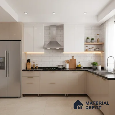Modern kitchen with beige and white laminate cabinets, black granite countertop, and white subway tile backsplash in Bengaluru