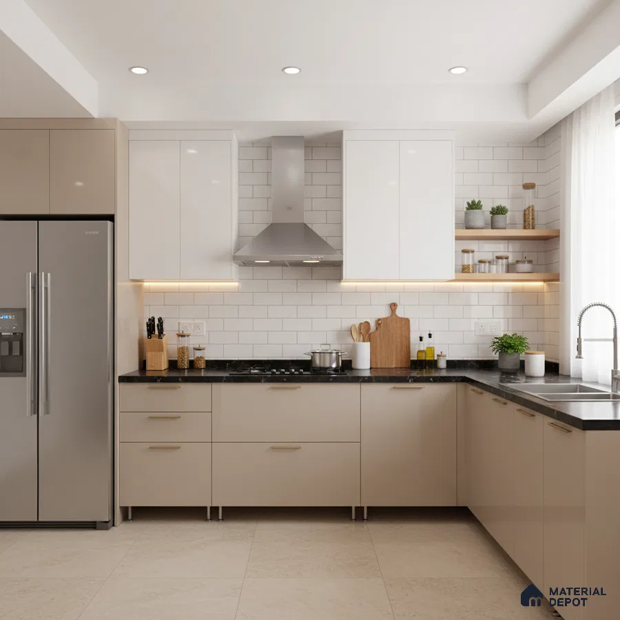 Modern kitchen with beige and white laminate cabinets, black granite countertop, and white subway tile backsplash in Bengaluru