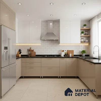 Modern kitchen with beige and white laminate cabinets, black granite countertop, and white subway tile backsplash in Bengaluru