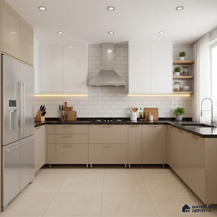Modern kitchen with beige and white laminate cabinets, black granite countertop, and white subway tile backsplash in Bengaluru