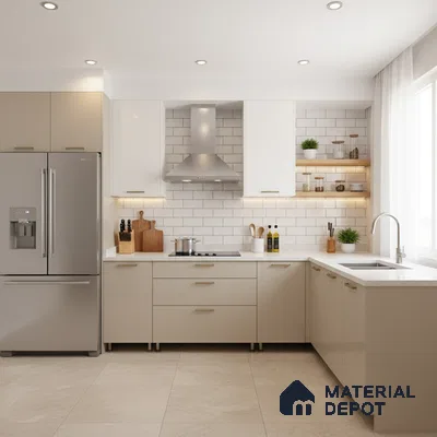 Modern kitchen with beige and white laminate cabinets, white quartz countertop, and subway tile backsplash in Bengaluru