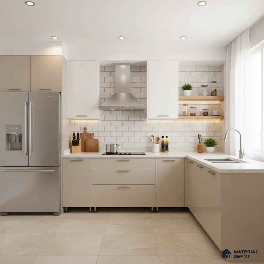 Modern kitchen with beige and white laminate cabinets, white quartz countertop, and subway tile backsplash in Bengaluru