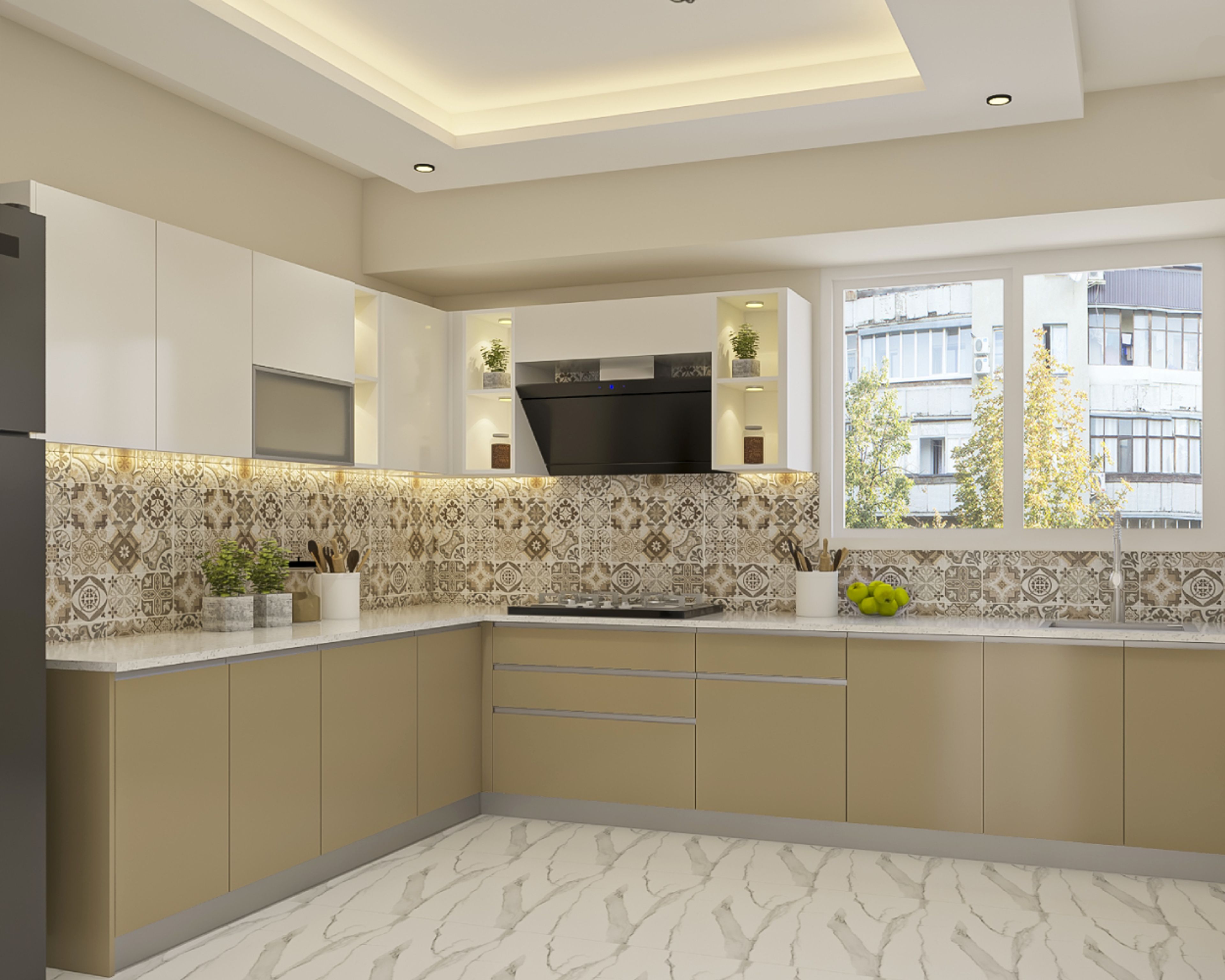 Modern kitchen with beige and white laminate, patterned backsplash tiles, and marble-look floor tiles in Bengaluru | Material Depot