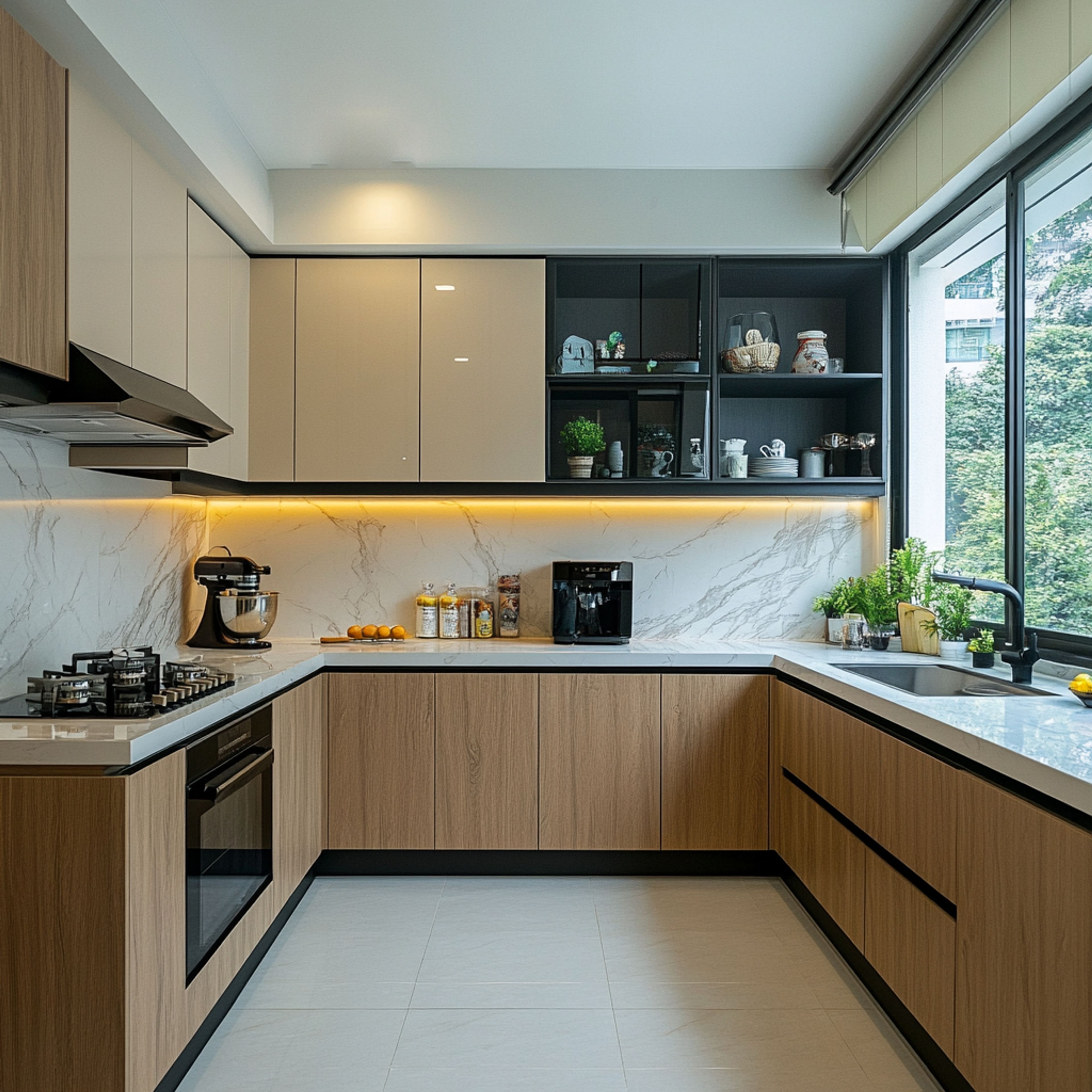 Modern kitchen with beige and wood grain laminate, white marble-look backsplash, and quartz countertop in Bengaluru | Material Depot