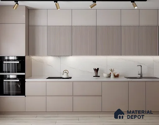 Modern Kitchen With Beige Cabinets And Marble-Patterned Tiles | Material Depot