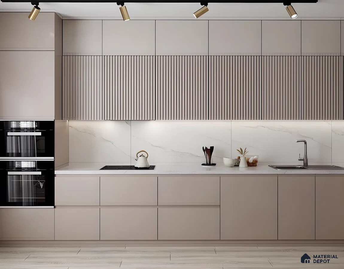 Modern Kitchen With Beige Cabinets And Marble-Patterned Tiles | Material Depot
