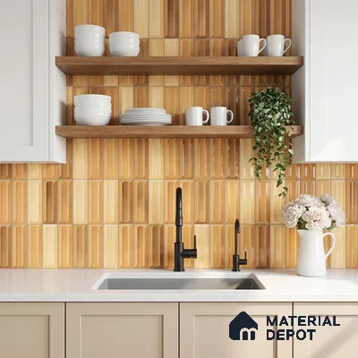 Modern kitchen with beige cabinets, white quartz countertop, and ochre popsicle pattern backsplash tiles