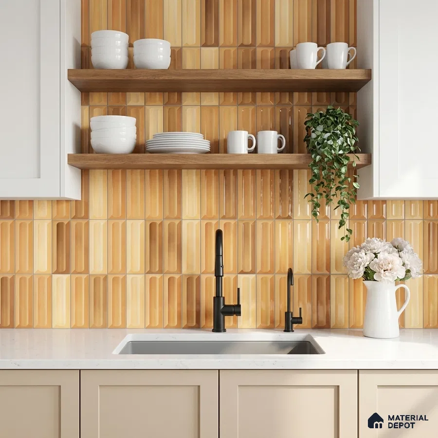 Modern kitchen with beige cabinets, white quartz countertop, and ochre popsicle pattern backsplash tiles