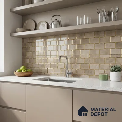 Modern kitchen with beige glossy subway backsplash tile and white quartz countertop