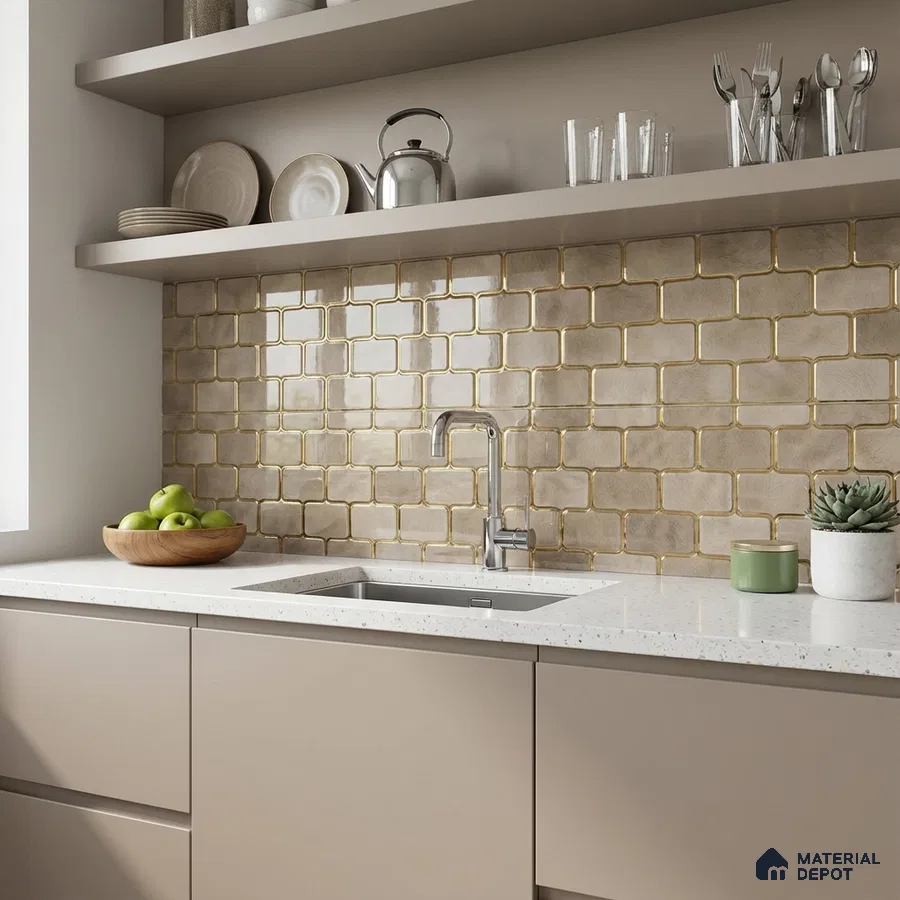 Modern kitchen with beige glossy subway backsplash tile and white quartz countertop