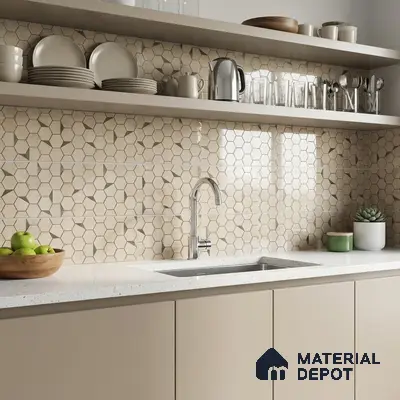 Modern kitchen with beige hexagonal backsplash tile and frosty white quartz countertop