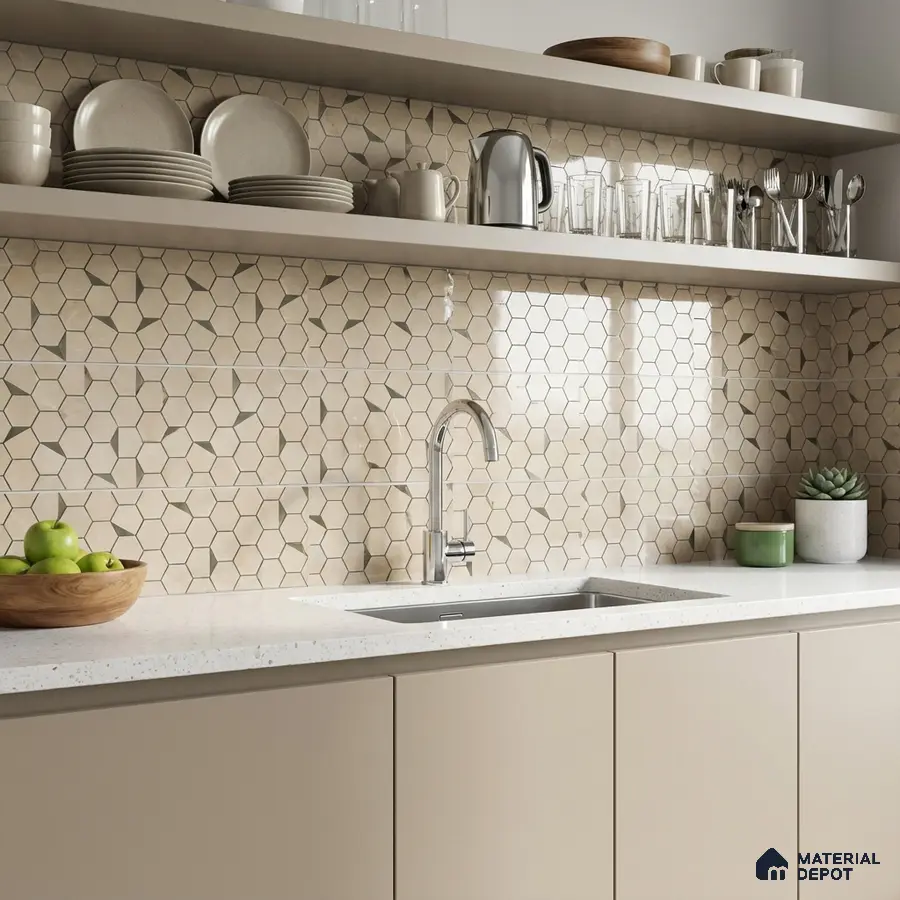 Modern kitchen with beige hexagonal backsplash tile and frosty white quartz countertop