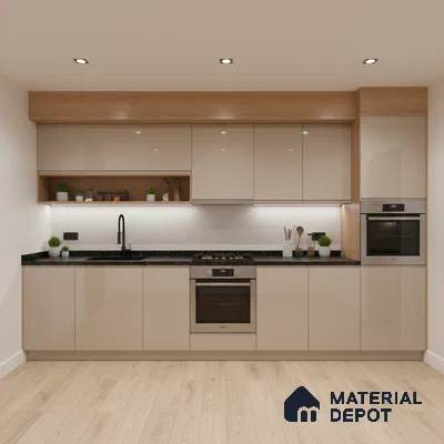 Modern kitchen with beige high gloss laminate, black granite countertop, and light oak wood accents in Bengaluru