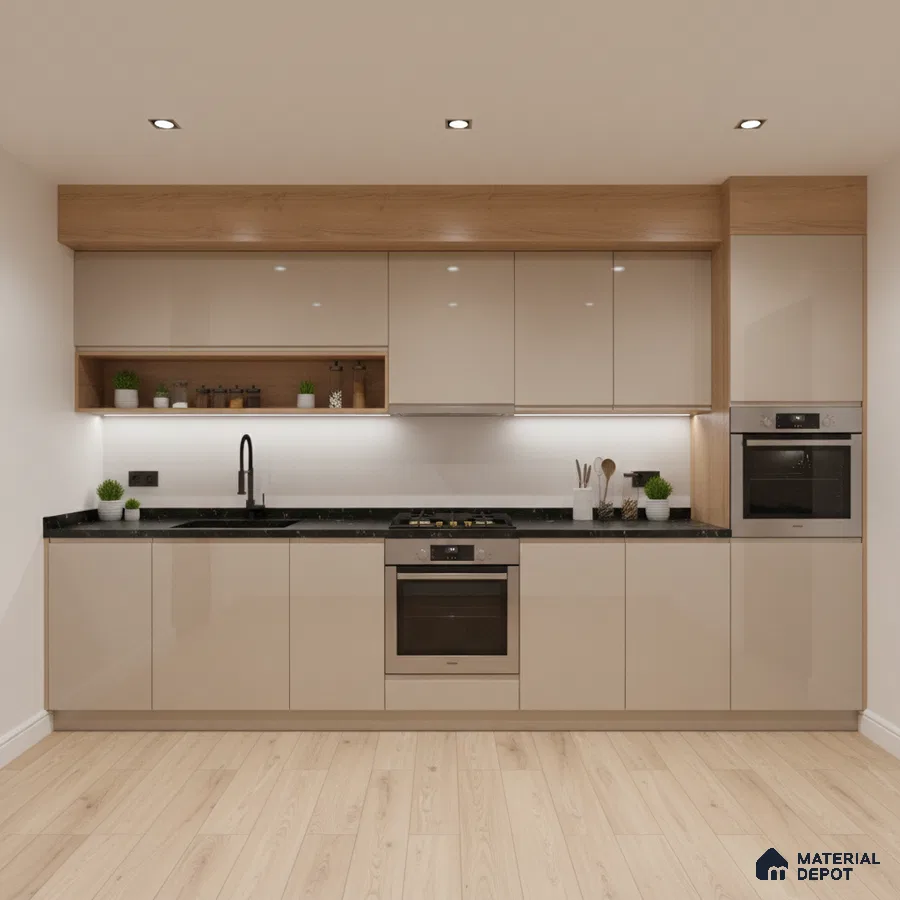 Modern kitchen with beige high gloss laminate, black granite countertop, and light oak wood accents in Bengaluru